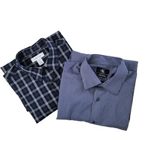 TWO Calvin Klein Cotton Long Sleeve Button Down Shirts Plaid Stripes